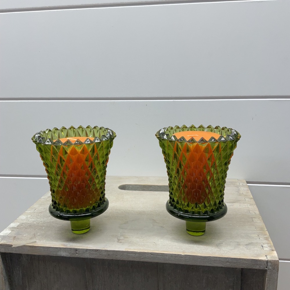 Vintage Green Diamond Point Glass Peg Votive Candle Holder Set of 2 with Candles